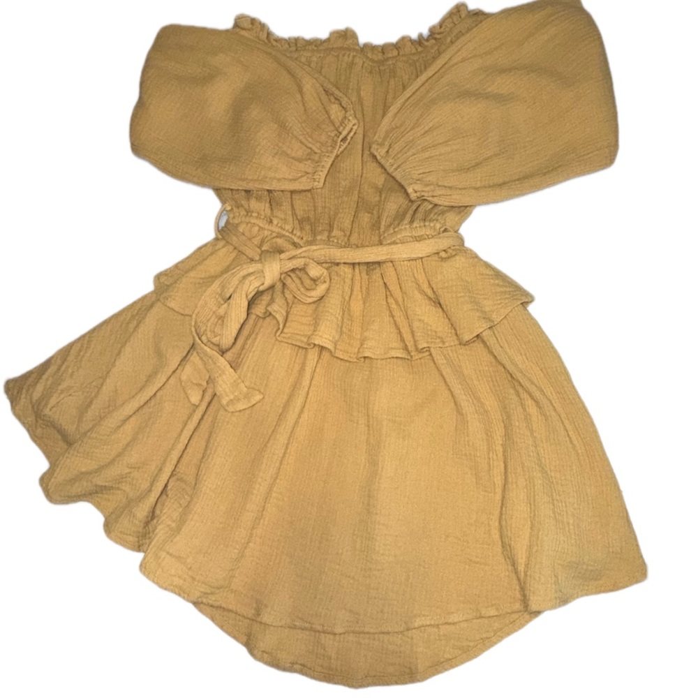 Petal & Pup 100% Cotton Golden Honey Off Shoulder Dress Size M Tie Waist Ruffle - Picture 5 of 11